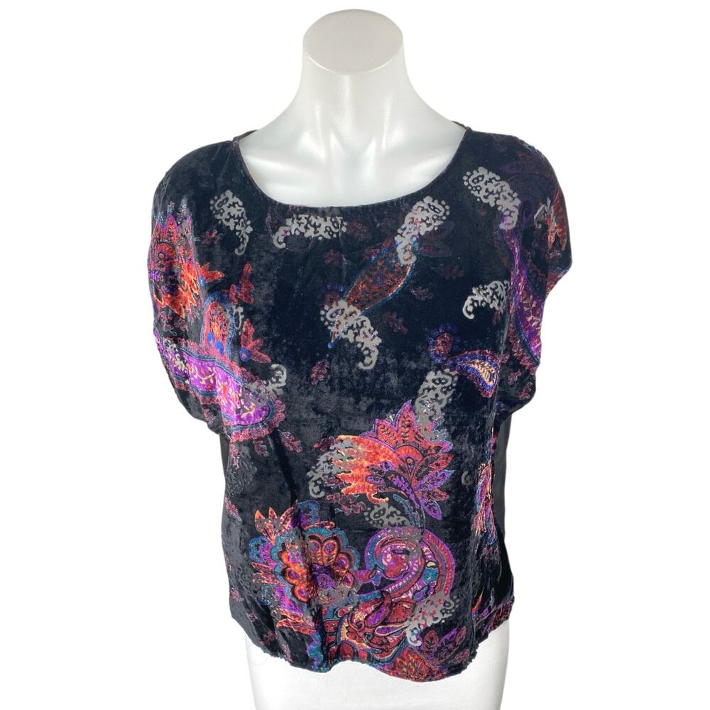 Ecote Multicolor Velvet Velour Paisley Short Sleeve Sheer Mesh Blouse Top Size M